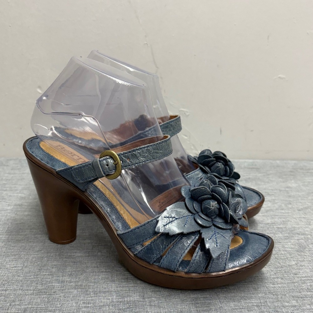 Born Sandals Women 8 Blue W42172 Leather Floral Applique Platform Block Heel - Picture 5 of 14